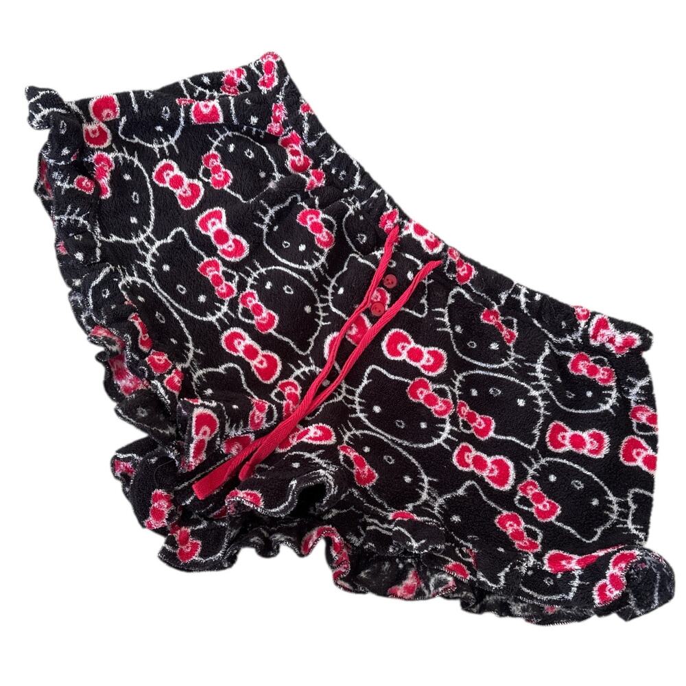 Hello Kitty All Over Logo Print Fleece Lounge Shorts Women’s L Kawaii Blck Red